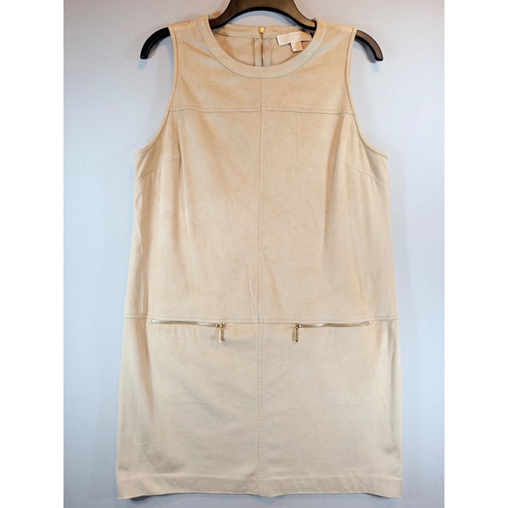 Michael Michael Kors Faux Suede Shift Dress Tan Beige Sleeveless Zip Pockets 10